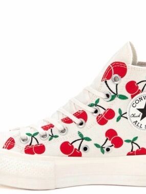 Converse Kids High Top Sneakers in White with Red Cherry Print